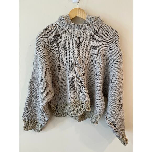 Moth  by Anthropologie Gray Distressed Metallic Trim Hooded Sweater Size XS - Picture 1 of 9